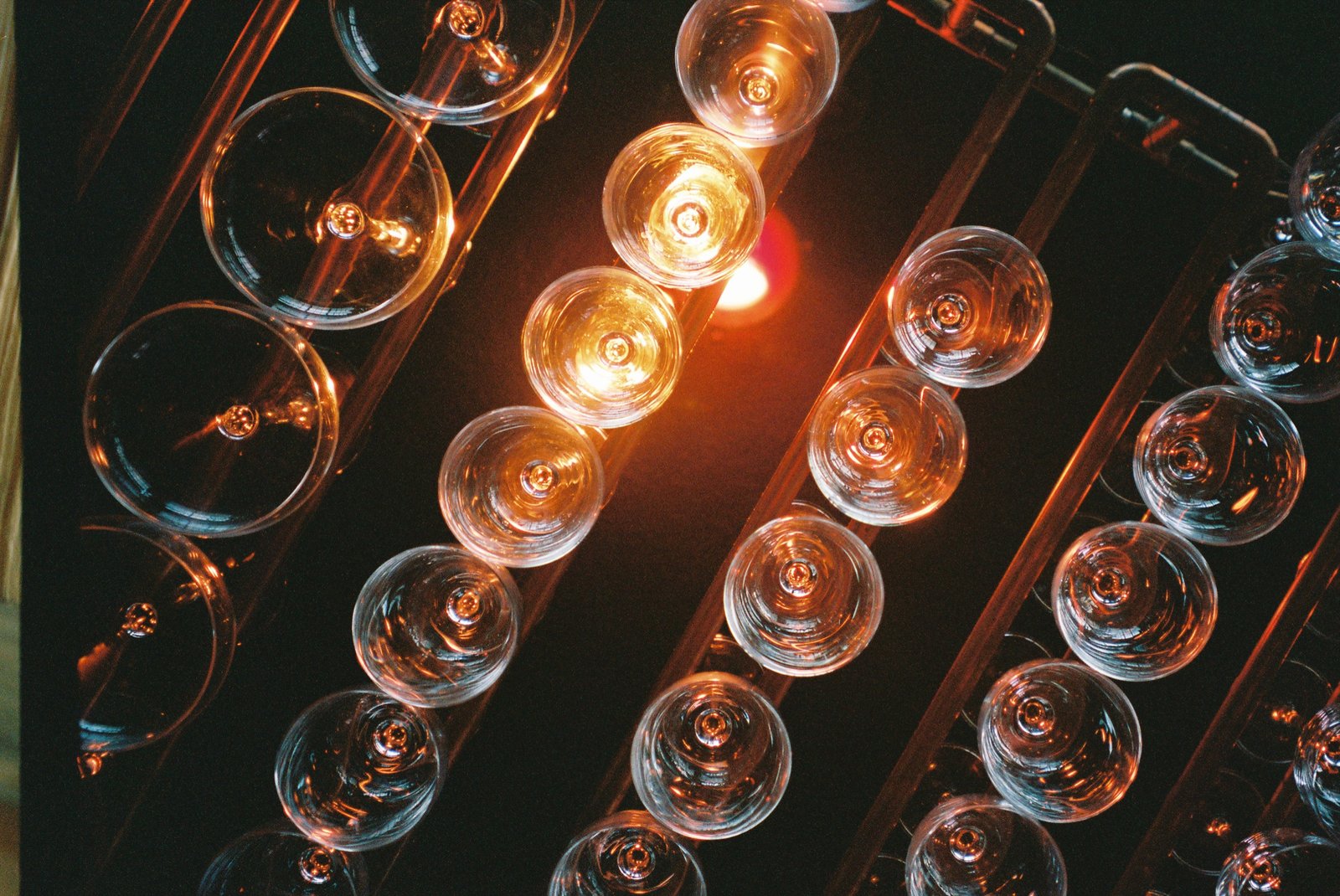 Coupe and nick-and-nora glasses racked overhead, lit amber above the bar