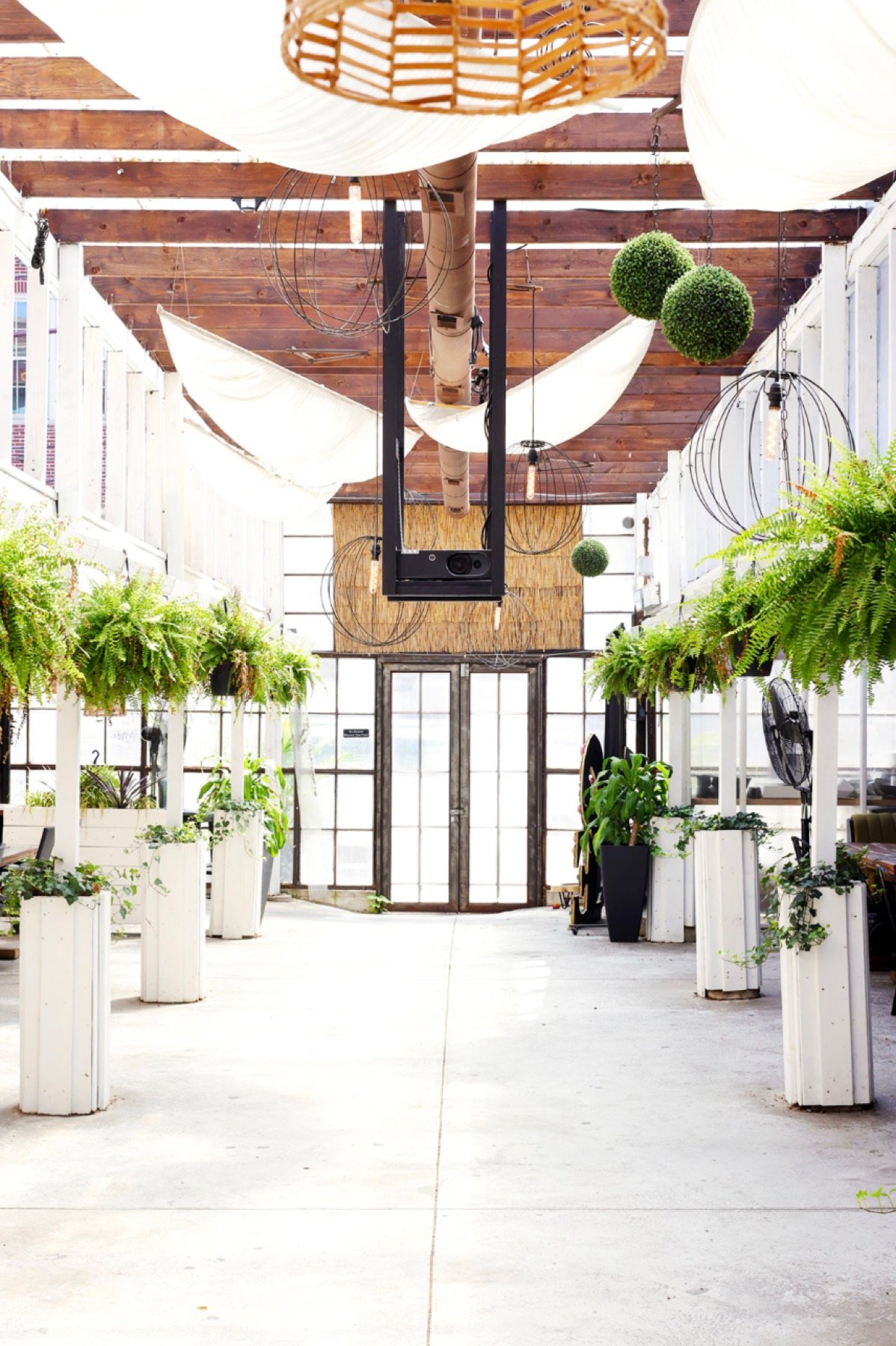 Sailcloth shades and hanging ferns along The Patio's open-air walkway